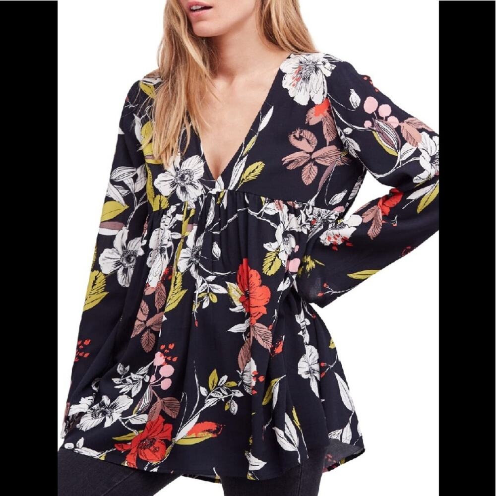 Free People Bella Floral Print Blouse Tunic Black Size XS NEW